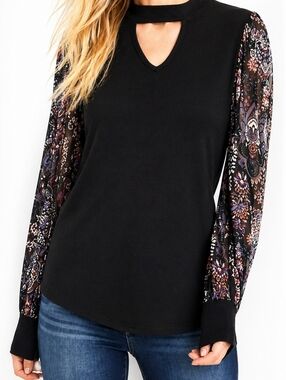 Maurices Black Floral Sleeve Top XL Cutout Neck Boho Blouse